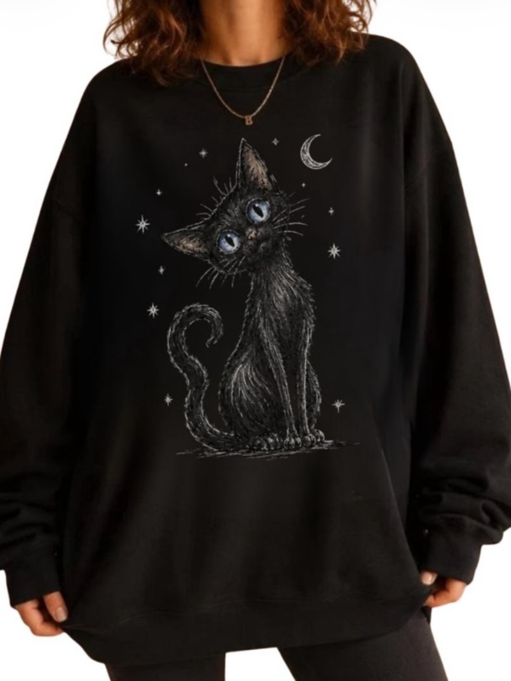 Black Whimsical Cat Graphic Sweatshirt - Night Sky Cat Design